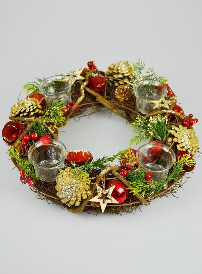 Couronne de l'Avent Rouge & Photophores - 34cm (pic 2)