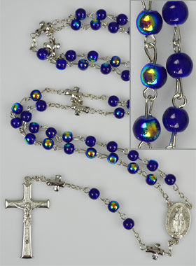 Chapelet en Perles Chromées & Médaille Miraculeuse - Bleu Nuit (pic 1)
