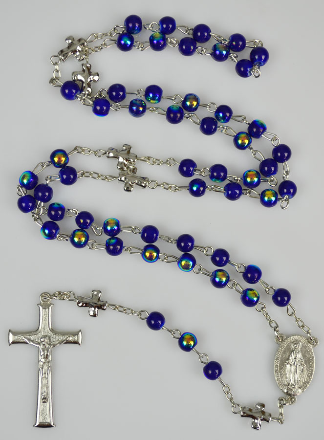 Chapelet en Perles Chromées & Médaille Miraculeuse - Bleu Nuit (pic 2)