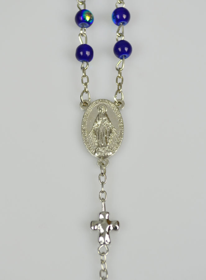 Chapelet en Perles Chromées & Médaille Miraculeuse - Bleu Nuit (pic 4)