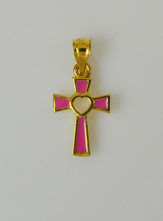 Pendentif Croix en Plaqué Or 18 Carats - Coeur Rose (pic 2)