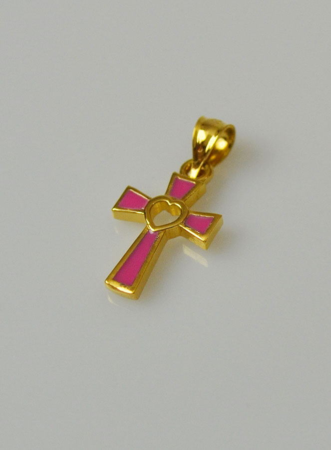Pendentif Croix en Plaqué Or 18 Carats - Coeur Rose (pic 3)