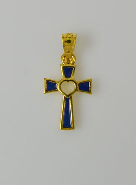 Pendentif Croix en Plaqué Or 18 Carats - Coeur Bleu (pic 1)