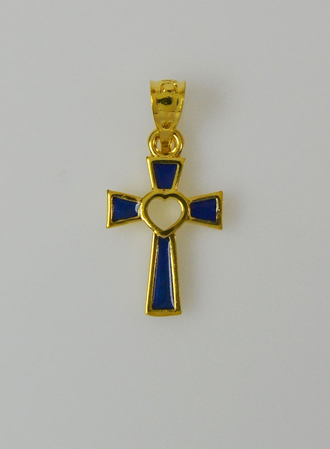 Pendentif Croix en Plaqué Or 18 Carats - Coeur Bleu (pic 2)