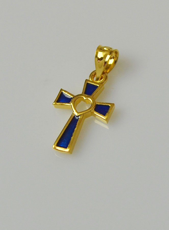 Pendentif Croix en Plaqué Or 18 Carats - Coeur Bleu (pic 3)