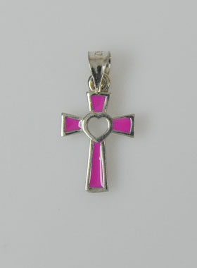 Pendentif Croix en Argent Massif - Coeur Rose (pic 1)