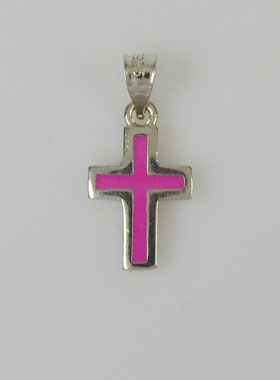 Pendentif Croix en Argent Massif - Émail Rose (pic 1)