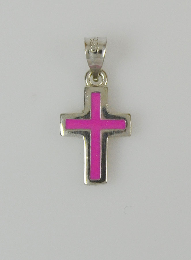 Pendentif Croix en Argent Massif - Émail Rose (pic 2)