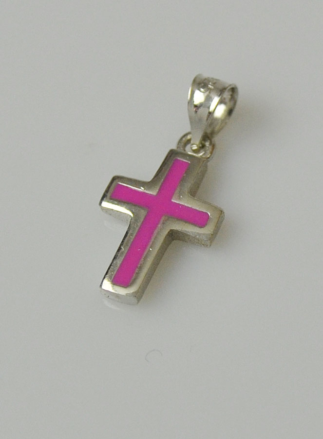 Pendentif Croix en Argent Massif - Émail Rose (pic 3)