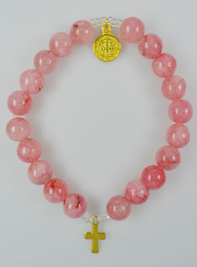 Bracelet Religieux en Pierres d'Agate Rose - Médaille St Benoît et Croix (pic 1)
