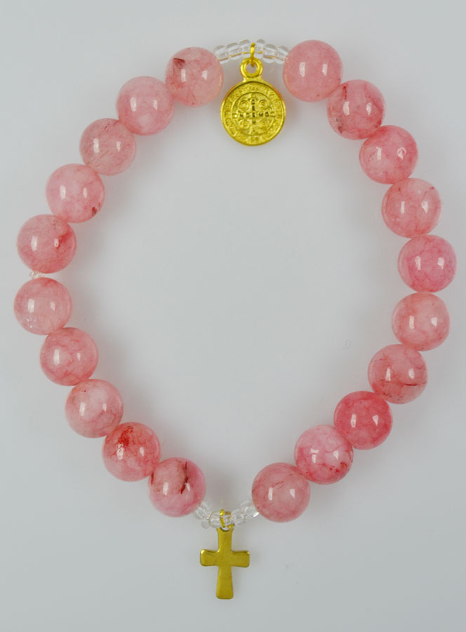 Bracelet Religieux en Pierres d'Agate Rose - Médaille St Benoît et Croix (pic 2)