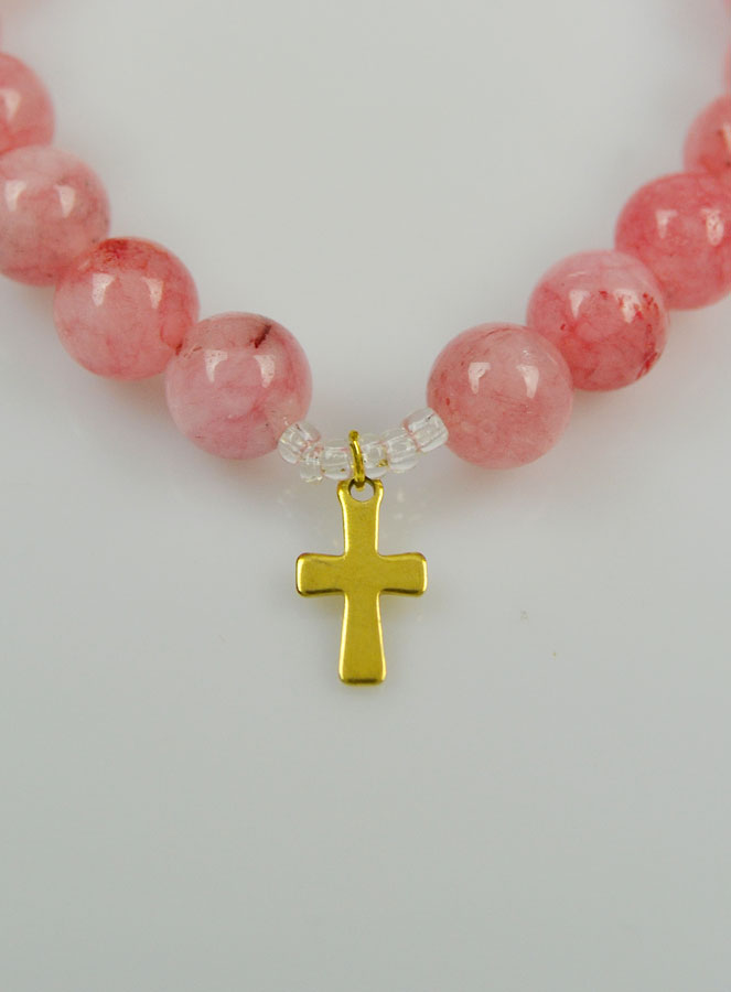 Bracelet Religieux en Pierres d'Agate Rose - Médaille St Benoît et Croix (pic 3)