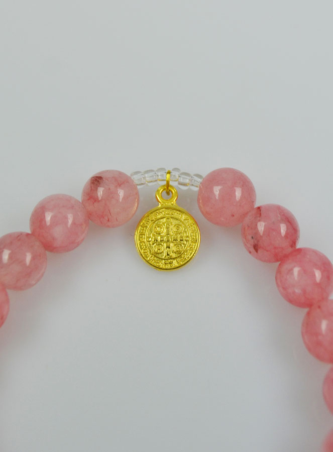 Bracelet Religieux en Pierres d'Agate Rose - Médaille St Benoît et Croix (pic 4)