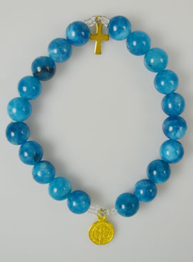 Bracelet Religieux en Pierre d'Agate Bleue - Médaille St Benoît & Croix (pic 1)