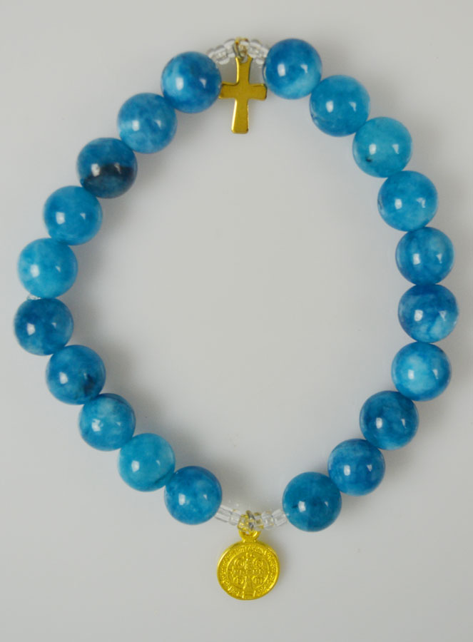 Bracelet Religieux en Pierre d'Agate Bleue - Médaille St Benoît & Croix (pic 2)