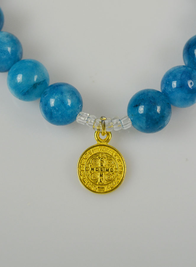 Bracelet Religieux en Pierre d'Agate Bleue - Médaille St Benoît & Croix (pic 3)