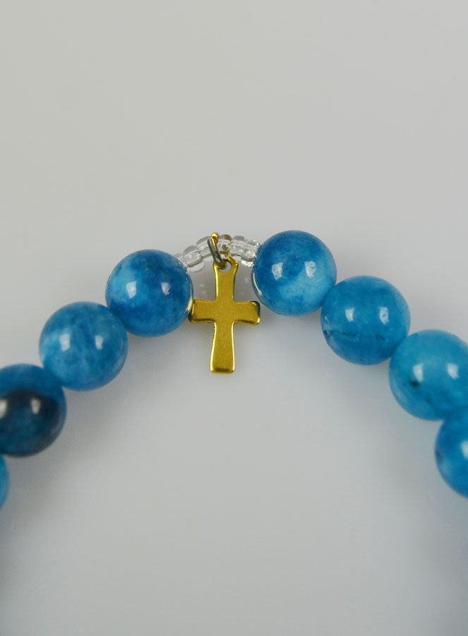 Bracelet Religieux en Pierre d'Agate Bleue - Médaille St Benoît & Croix (pic 4)