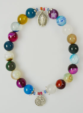 Bracelet Religieux en Pierre d'Agate Colorée - Miraculeuse et St Benoît (pic 1)
