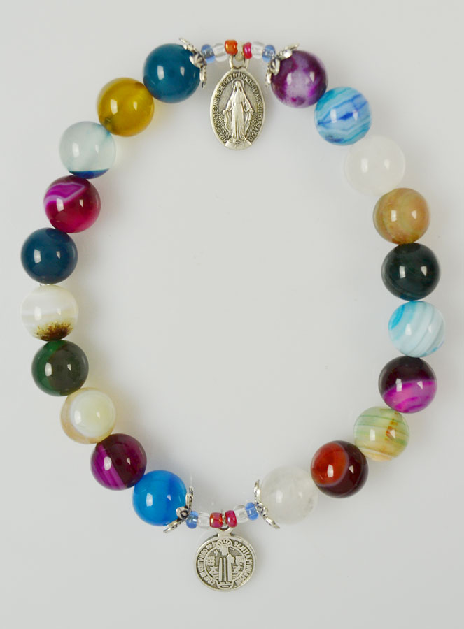 Bracelet Religieux en Pierre d'Agate Colorée - Miraculeuse et St Benoît (pic 2)