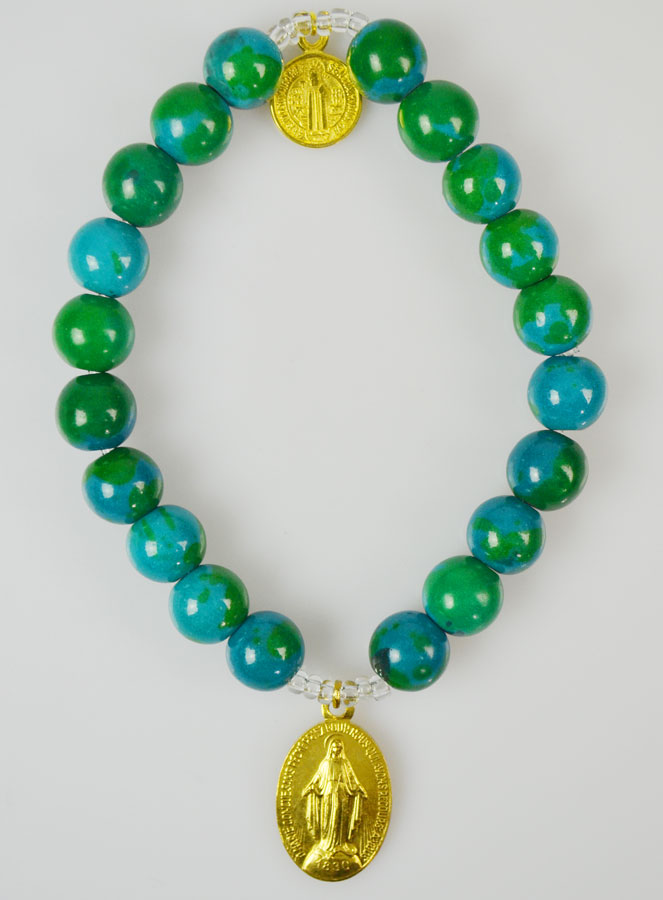 Bracelet Religieux en Pierre de Chrysocolle - Miraculeuse et St Benoît (pic 1)