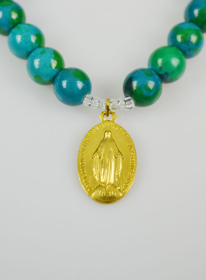 Bracelet Religieux en Pierre de Chrysocolle - Miraculeuse et St Benoît (pic 3)