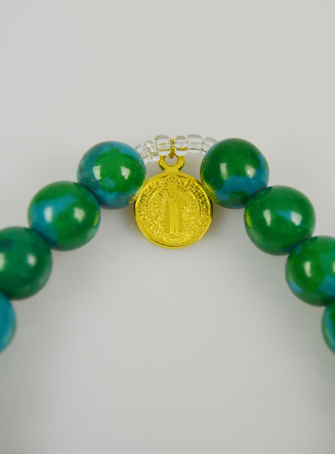 Bracelet Religieux en Pierre de Chrysocolle - Miraculeuse et St Benoît (pic 4)