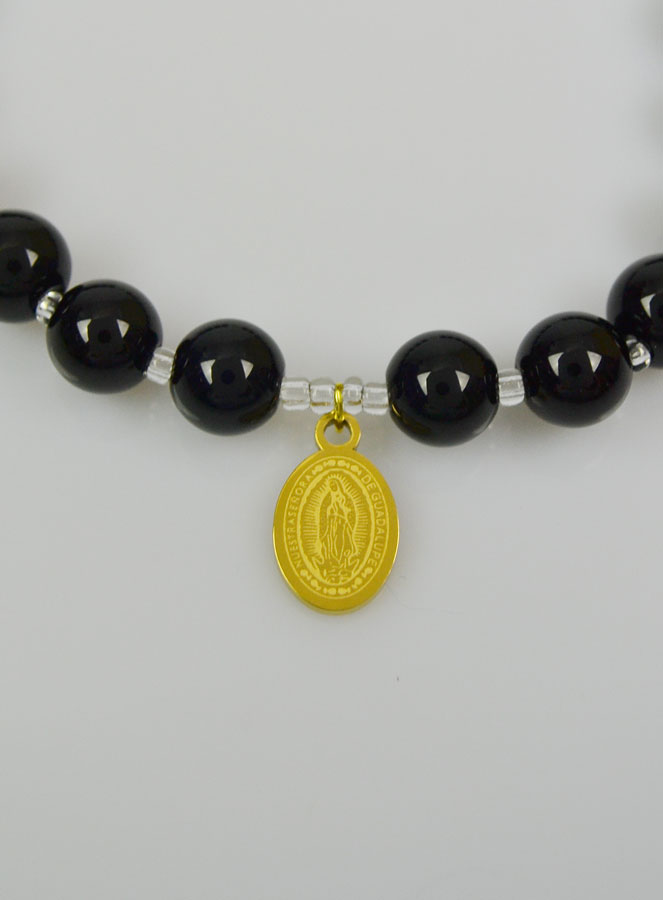 Bracelet Religieux en Pierre d'Obsidienne - ND de Guadalupe et St Benoît (pic 3)