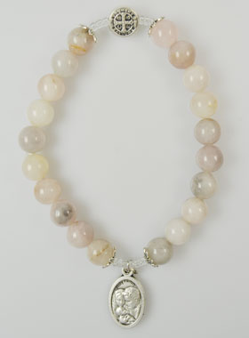 Bracelet Religieux en Pierre d'Agate Rose - St Benoît et Ste Famille (pic 1)