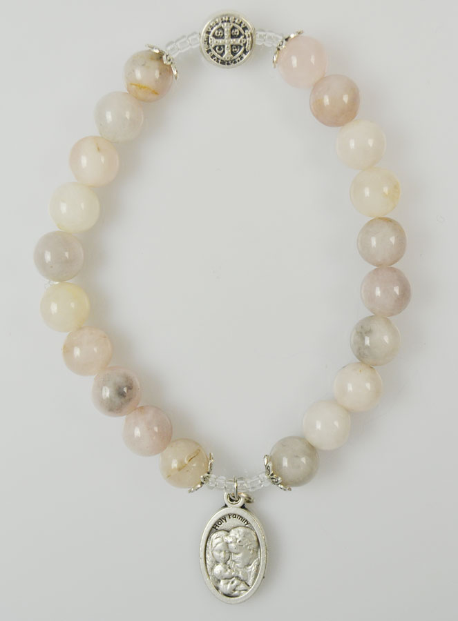 Bracelet Religieux en Pierre d'Agate Rose - St Benoît et Ste Famille (pic 2)
