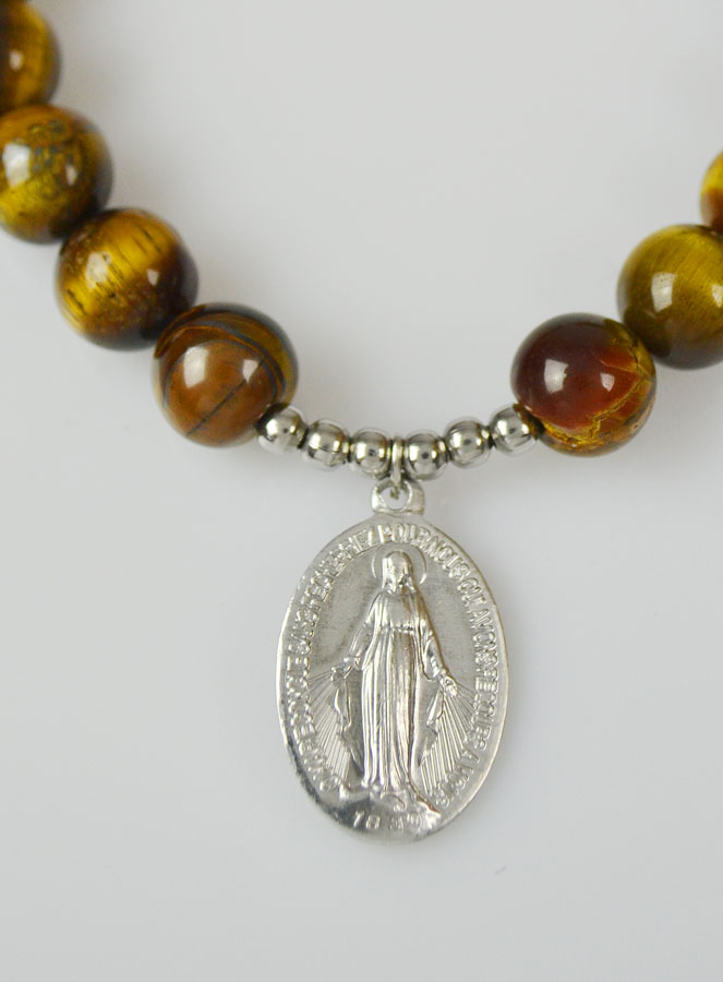 Bracelet Religieux en Pierre d'Oeil de Tigre - Miraculeuse & St Esprit (pic 3)