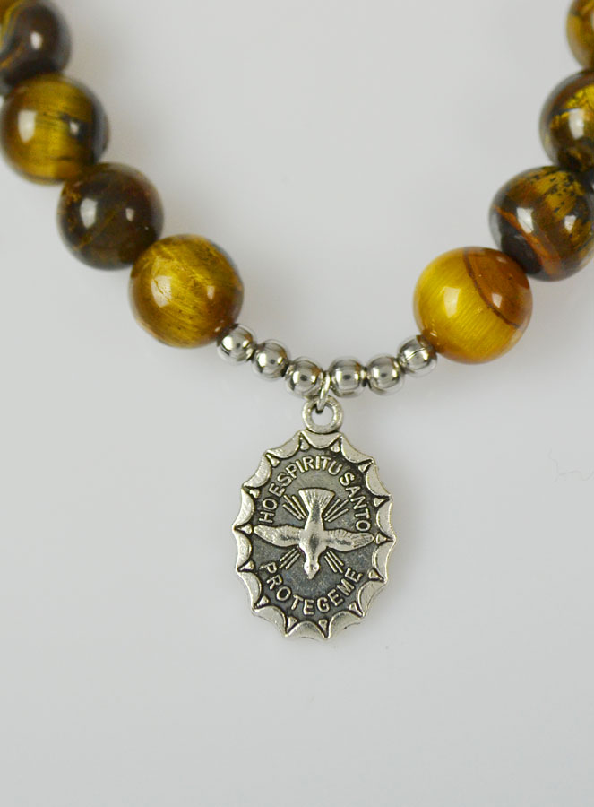 Bracelet Religieux en Pierre d'Oeil de Tigre - Miraculeuse & St Esprit (pic 4)