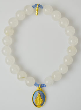 Bracelet Religieux en Pierres d'Agate Blanche - Miraculeuse & Croix (pic 1)