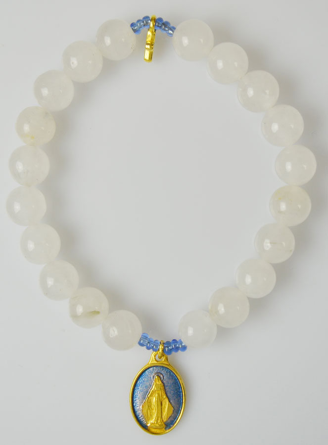 Bracelet Religieux en Pierres d'Agate Blanche - Miraculeuse & Croix (pic 2)