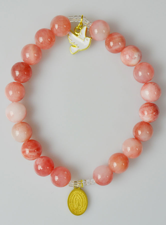 Bracelet Religieux en Pierre de Jade Rose - ND Guadalupe et St Esprit (pic 2)