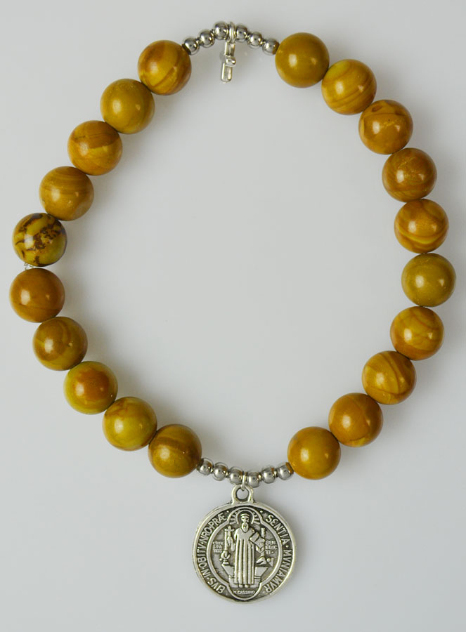 Bracelet Religieux en Pierre de Jaspe Bois - St Benoît & Croix (pic 2)