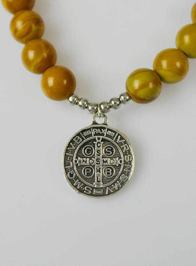 Bracelet Religieux en Pierre de Jaspe Bois - St Benoît & Croix (pic 3)