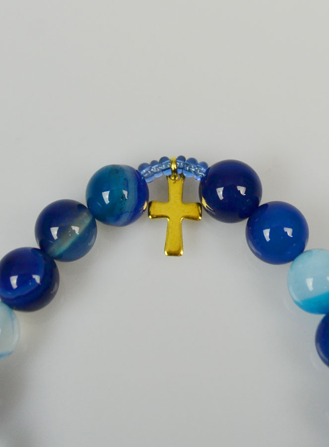 Bracelet Religieux en Pierres d'Agate Bleue & Blanche - Saint Joseph & Croix (pic 4)