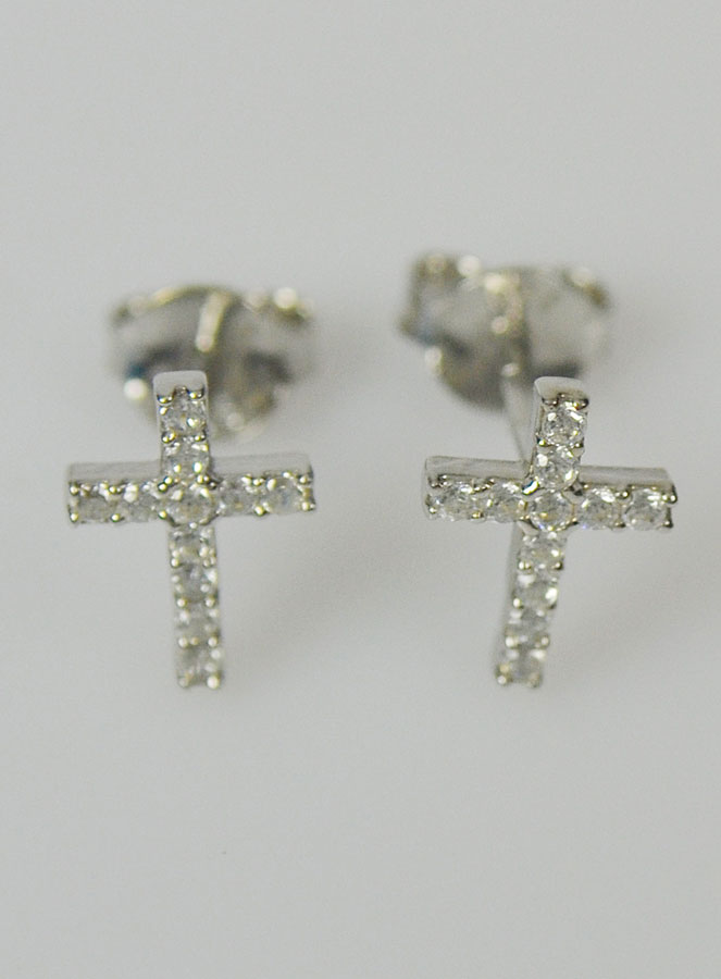 Boucles d'Oreilles Croix en Strass - Argent Rhodié (pic 2)