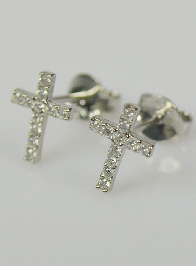 Boucles d'Oreilles Croix en Strass - Argent Rhodié (pic 3)