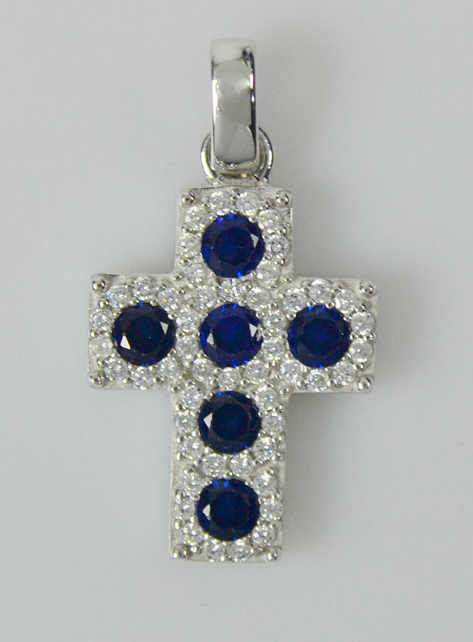 Pendentif Croix en Argent & Zirconium Bleu (pic 2)