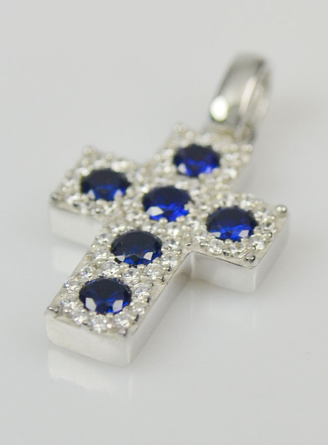 Pendentif Croix en Argent & Zirconium Bleu (pic 3)