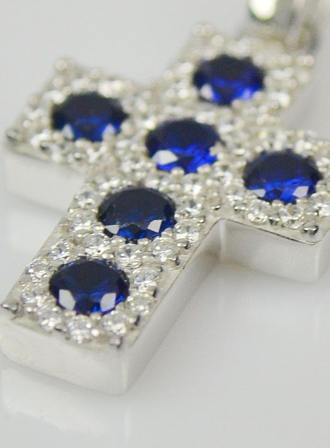 Pendentif Croix en Argent & Zirconium Bleu (pic 4)