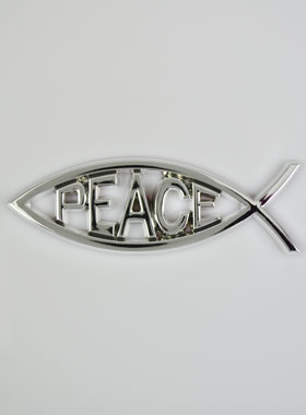 Plaque Auto Poisson Chrétien Ichtus Peace Argenté - 14 cm (pic 1)