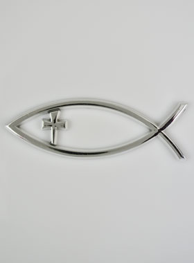 Plaque Auto Poisson Chrétien Ichtus & Croix Argenté - 14 cm (pic 1)