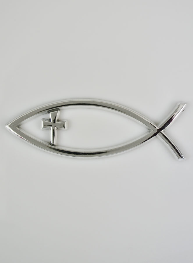 Plaque Auto Poisson Chrétien Ichtus & Croix Argenté - 14 cm (pic 2)
