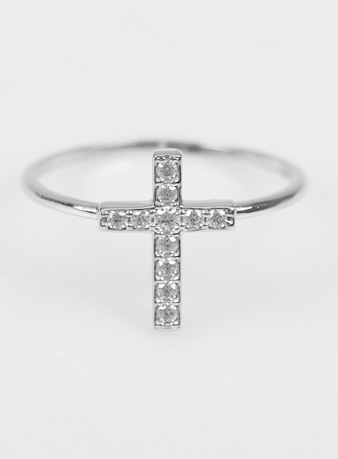 Bague Croix & Diamants - Argent Rhodié - Taille 52 (pic 1)