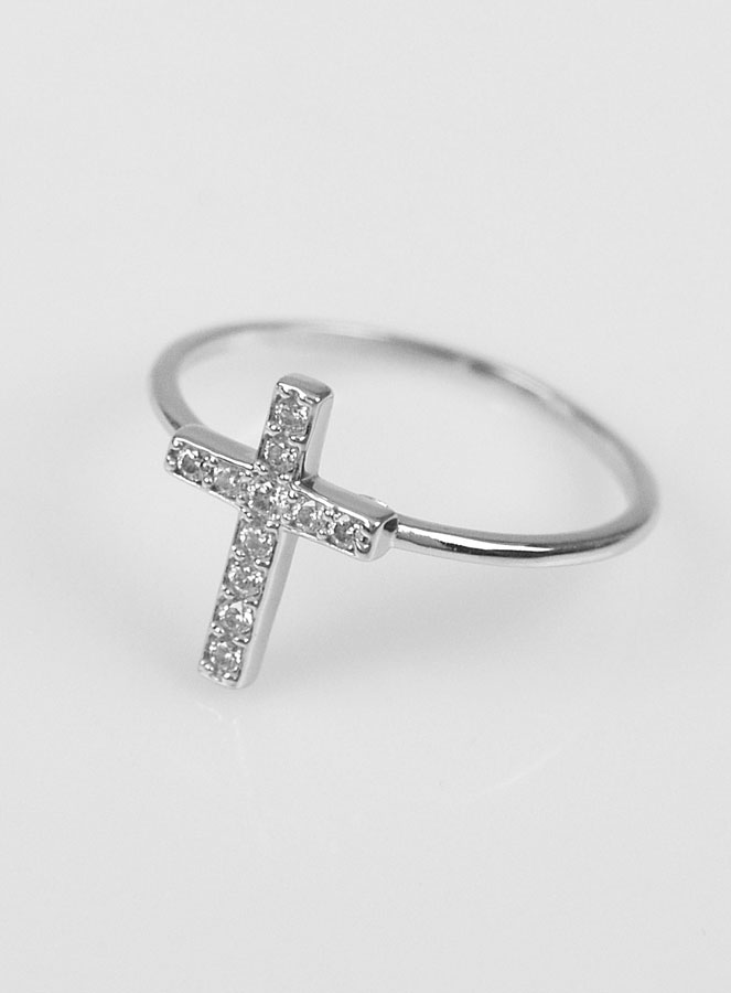 Bague Croix & Diamants - Argent Rhodié - Taille 52 (pic 2)