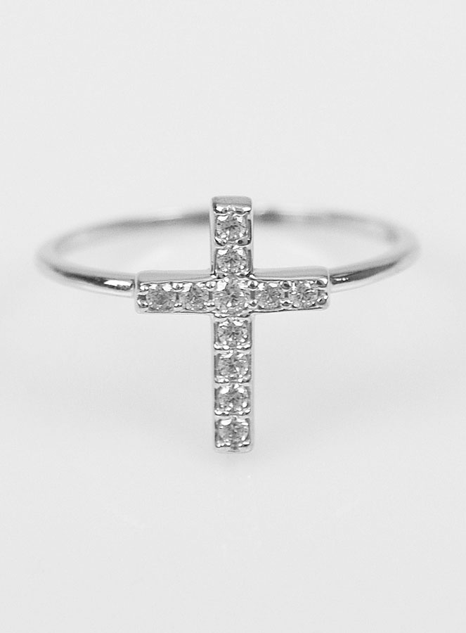 Bague Croix & Diamants - Argent Rhodié - Taille 48 (pic 1)