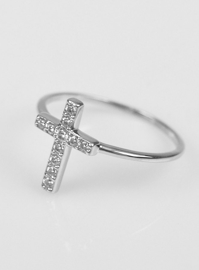 Bague Croix & Diamants - Argent Rhodié - Taille 50 (pic 2)