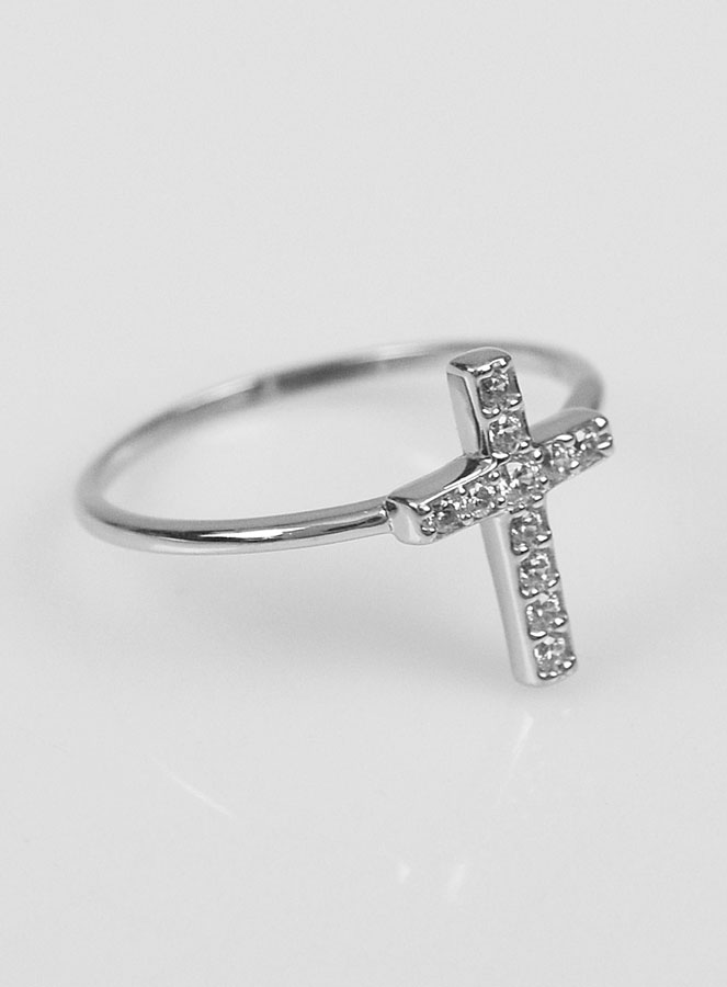 Bague Croix & Diamants - Argent Rhodié - Taille 50 (pic 3)